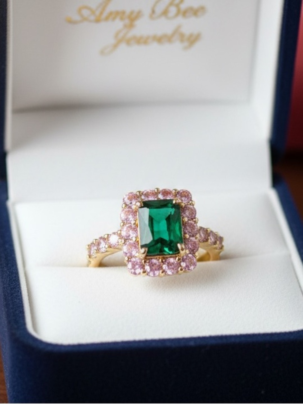 Gold Plated Ring with Green Center CZ Stone and Pink Halo. New.